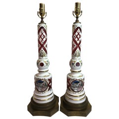 Antique Pair of White Cut To Ruby Bohemian Glass Lamps