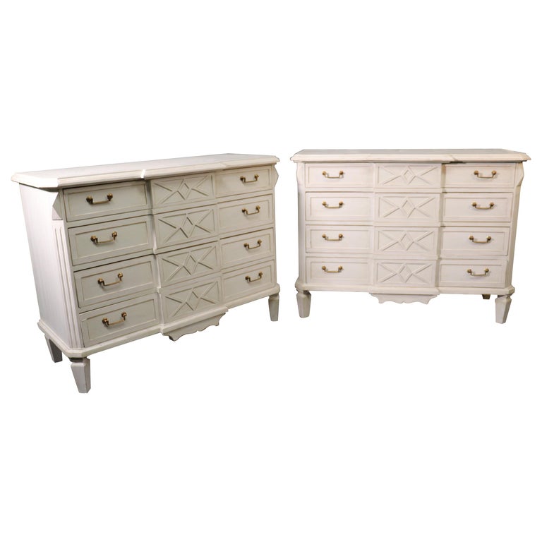 Pair Of White Distressed Painted, 46 Wide White Dresser