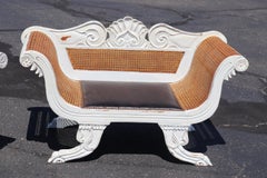 Pair White Distressed Painted Plantation Style Teak Leather Cane Window Benches