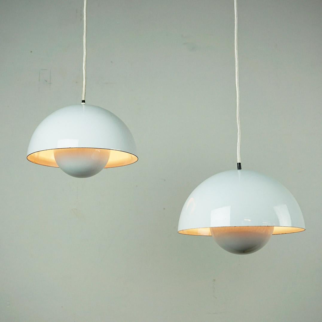Pair White Enameled Flowerpot Pendant by Verner Panton for Louis Poulsen Denmark 3