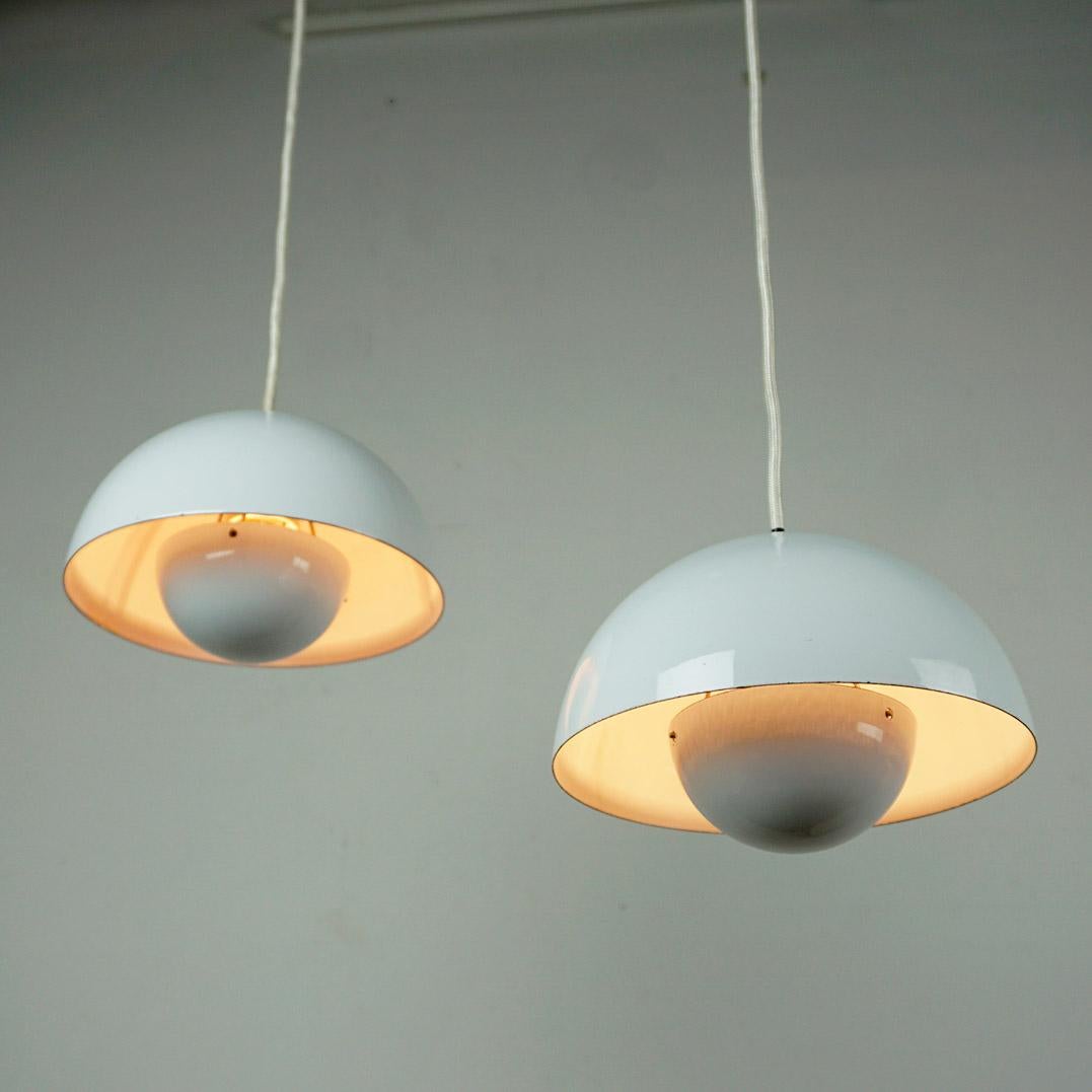 Pair White Enameled Flowerpot Pendant by Verner Panton for Louis Poulsen Denmark 4