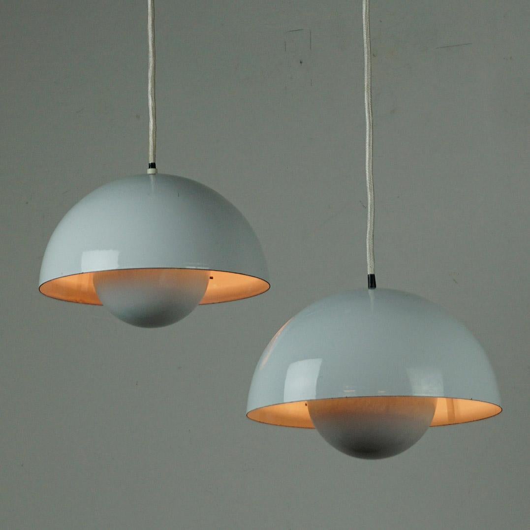 Pair White Enameled Flowerpot Pendant by Verner Panton for Louis Poulsen Denmark 5