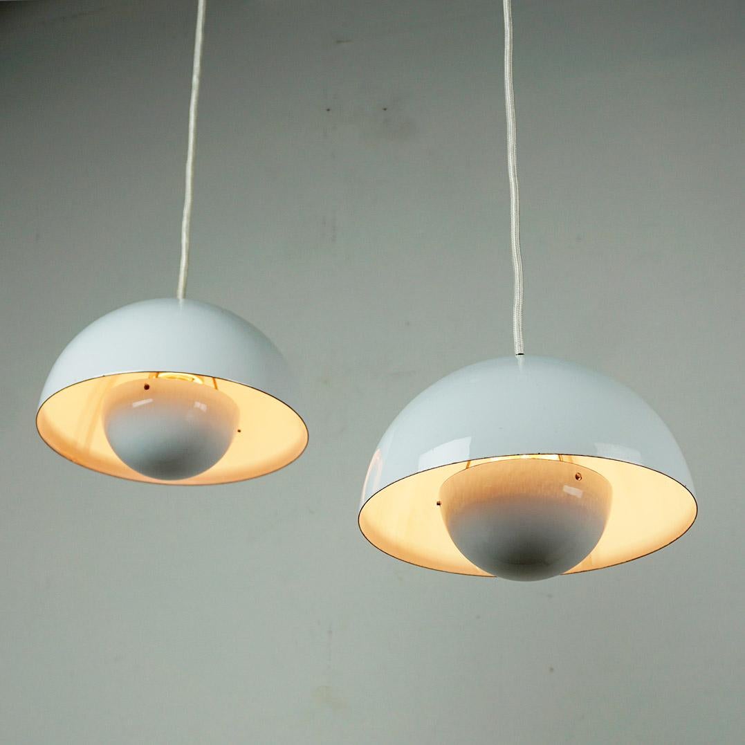 Pair White Enameled Flowerpot Pendant by Verner Panton for Louis Poulsen Denmark 6