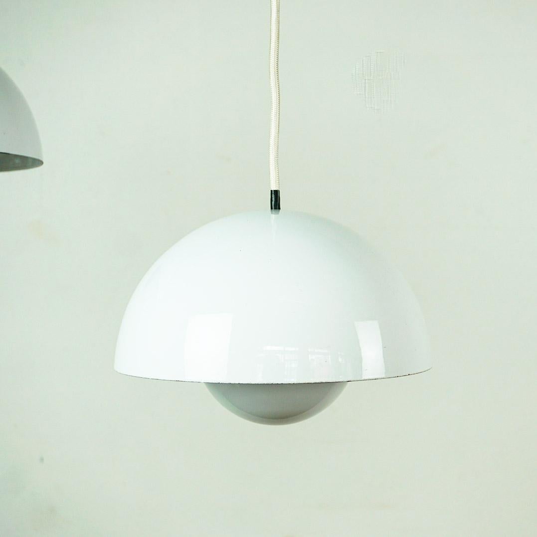 Pair White Enameled Flowerpot Pendant by Verner Panton for Louis Poulsen Denmark 2