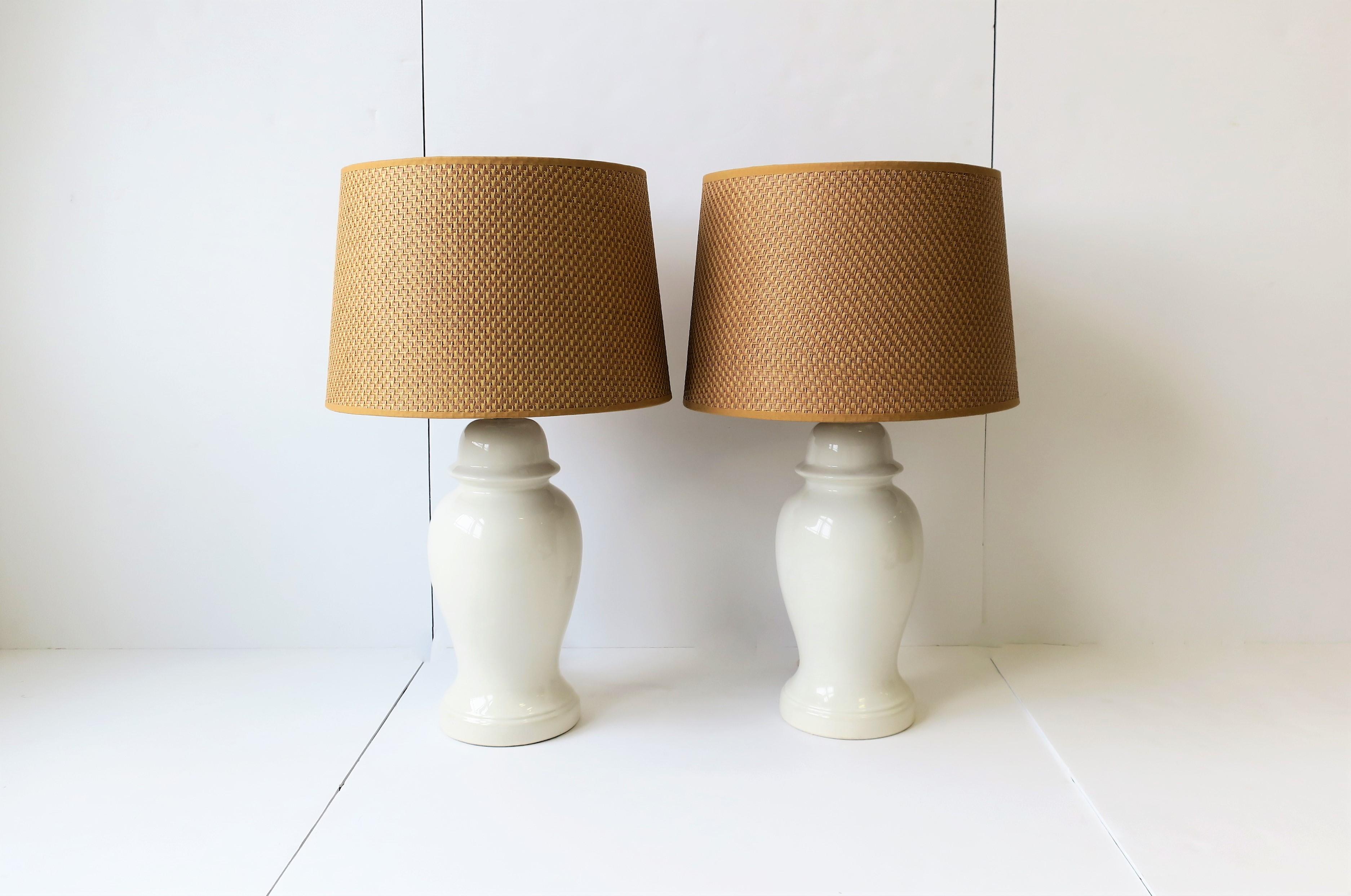 Mid-20th Century Pair of White Ginger Jar Table Lamps with Wicker Shades, circa 1960s