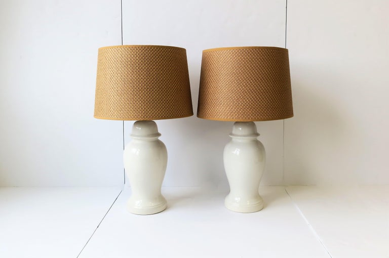 Pair of White Ginger Jar Table Lamps with Wicker Shades, circa 1960s at