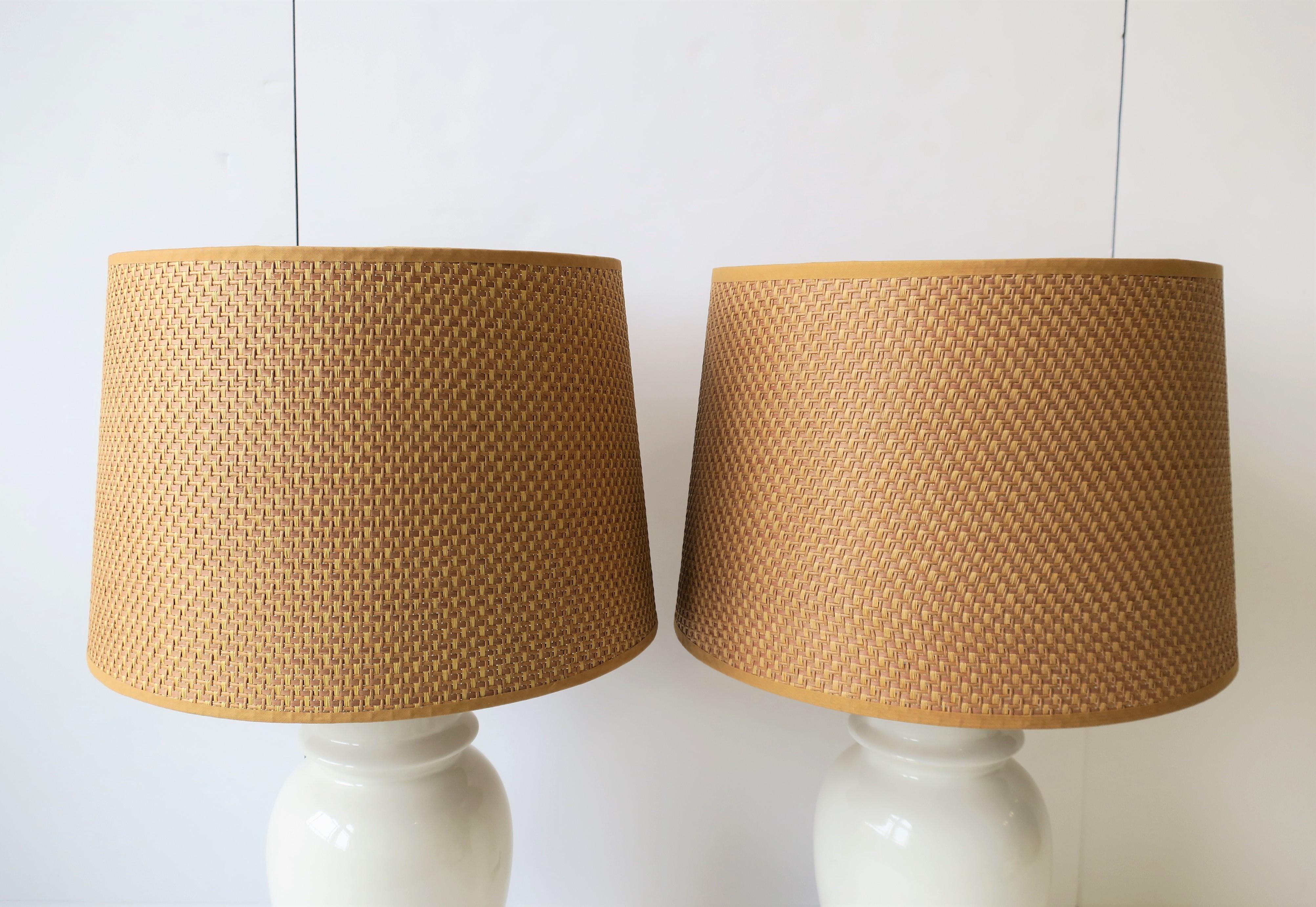 Pair of White Ginger Jar Table Lamps with Wicker Shades, circa 1960s 1