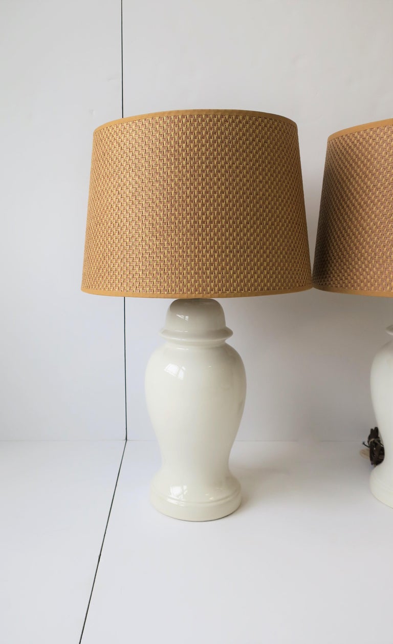 Pair of White Ginger Jar Table Lamps with Wicker Shades, circa 1960s at
