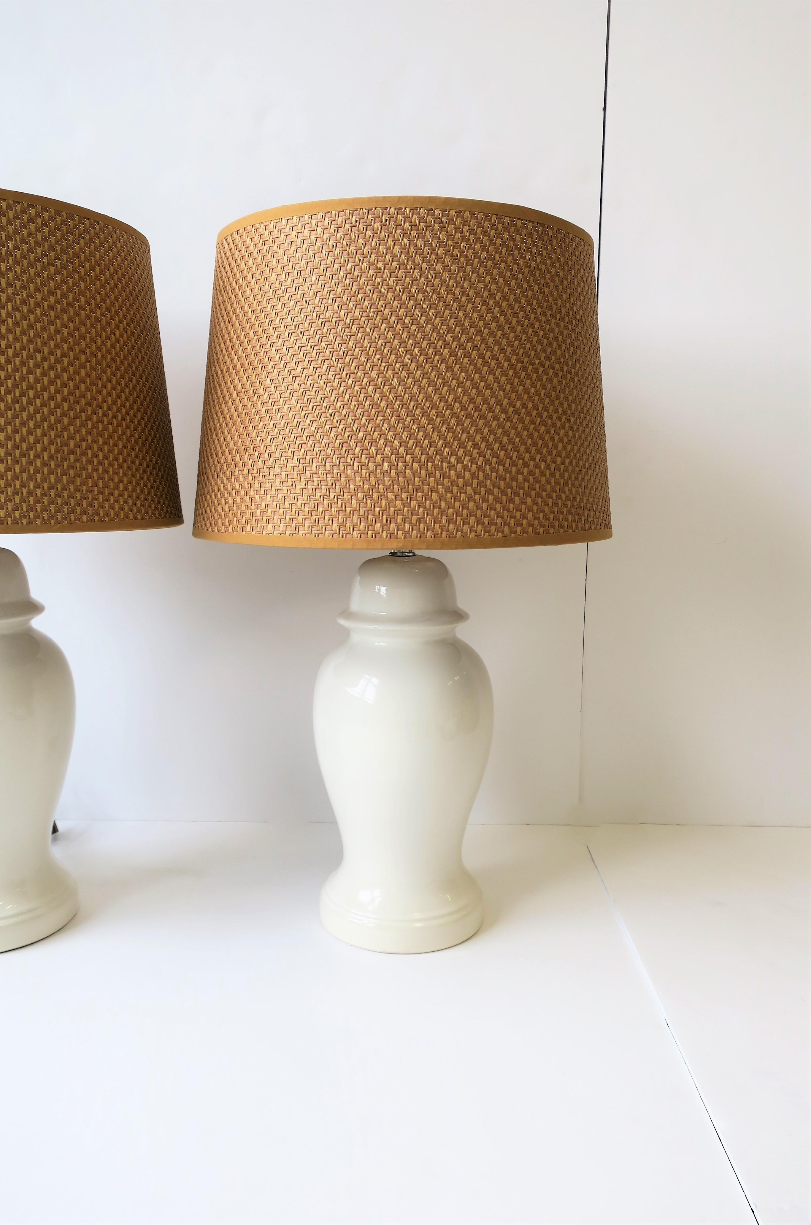 Pair of White Ginger Jar Table Lamps with Wicker Shades, circa 1960s 5