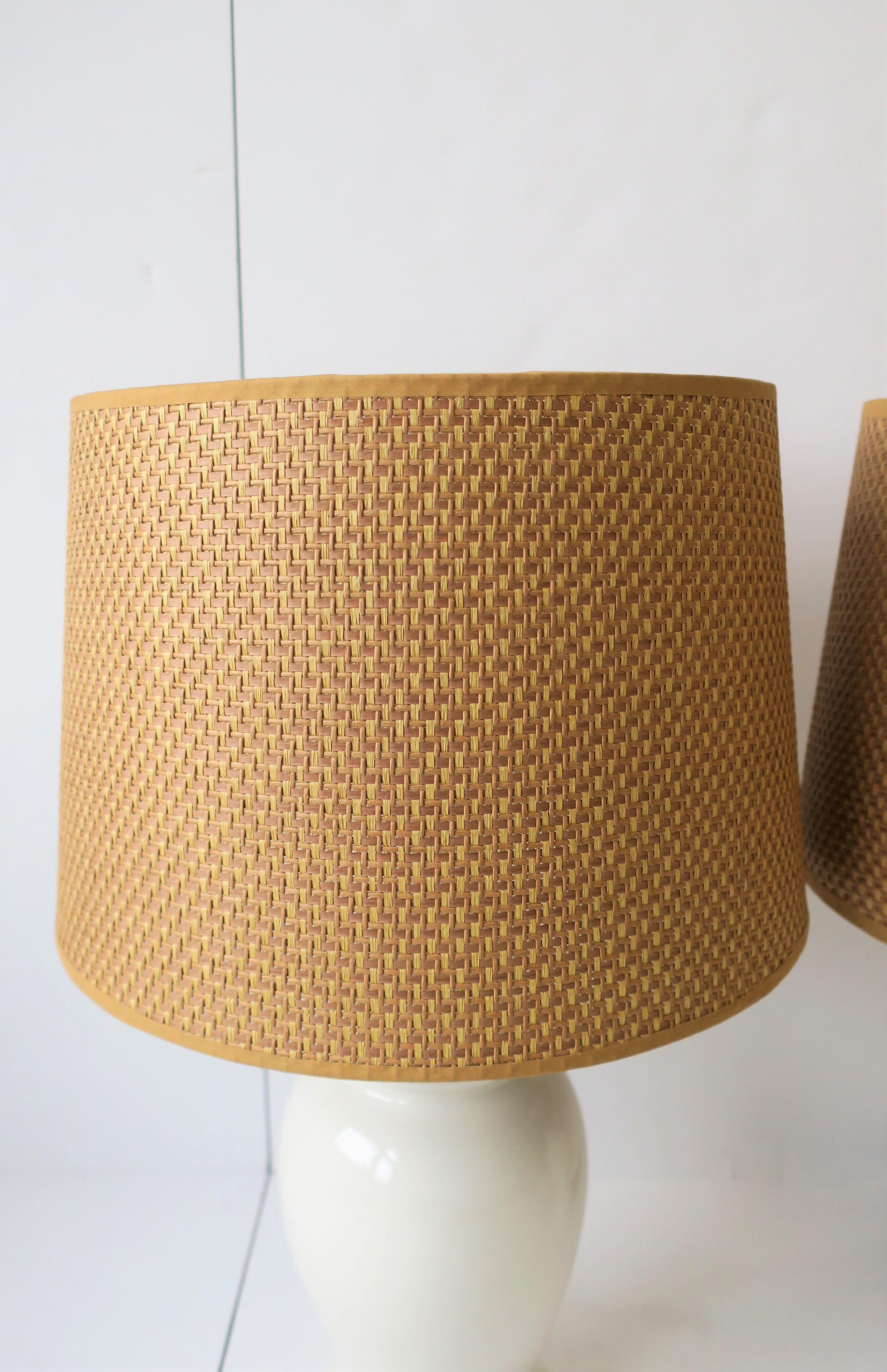 Pair of White Ginger Jar Table Lamps with Wicker Shades, circa 1960s 6