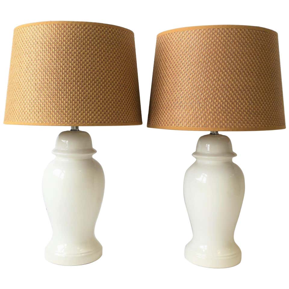 Pair of White Ginger Jar Table Lamps with Wicker Shades, circa 1960s at ...
