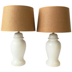 Pair of White Ginger Jar Table Lamps with Wicker Shades, circa 1960s