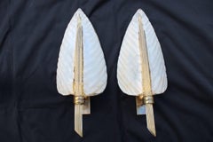 Pair White Gold Dust Sconces Leaf Barovier Mid-Century Italian Design Brass Part