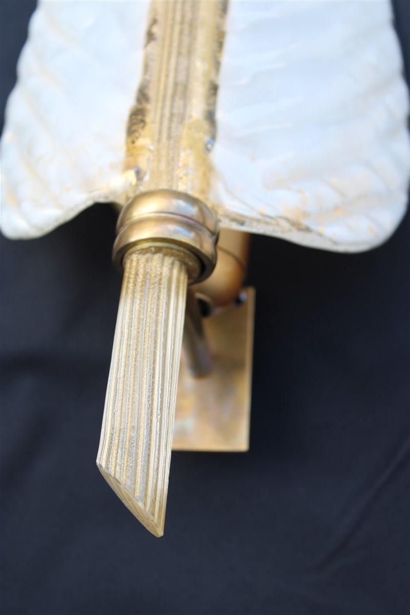 Mid-20th Century Pair White Gold Dust Sconces Leaf Barovier Mid-Century Italian Design Brass Part