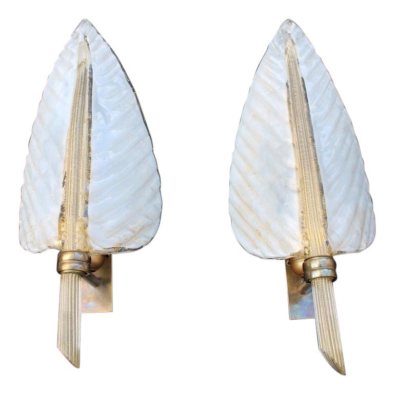 Pair White Gold Dust Sconces Leaf Barovier Mid-Century Italian Design Brass Part