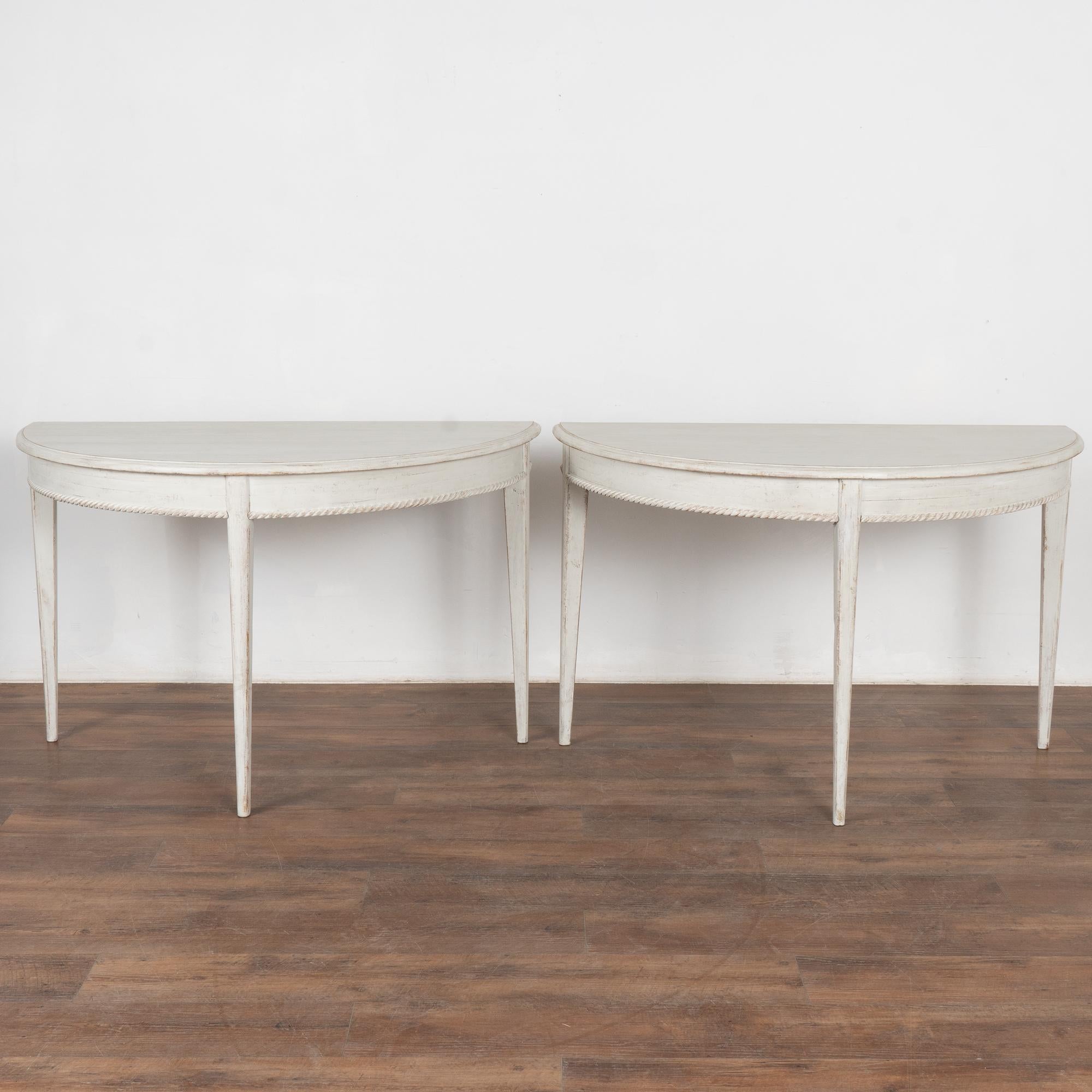 Swedish Pair, White Gustavian Demi Lune Side Tables Consoles, circa 1880 For Sale