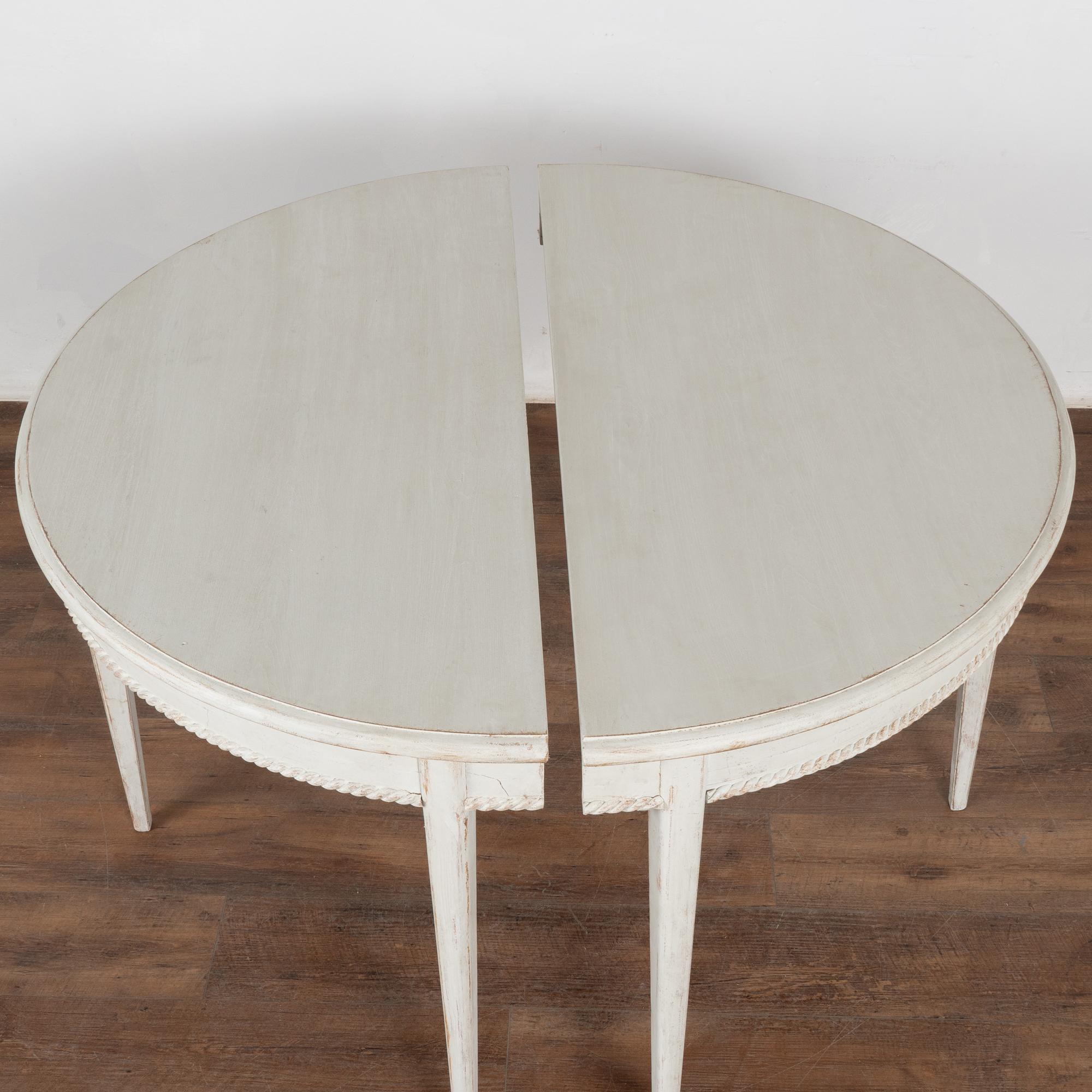 Pair, White Gustavian Demi Lune Side Tables Consoles, circa 1880 In Good Condition For Sale In Round Top, TX