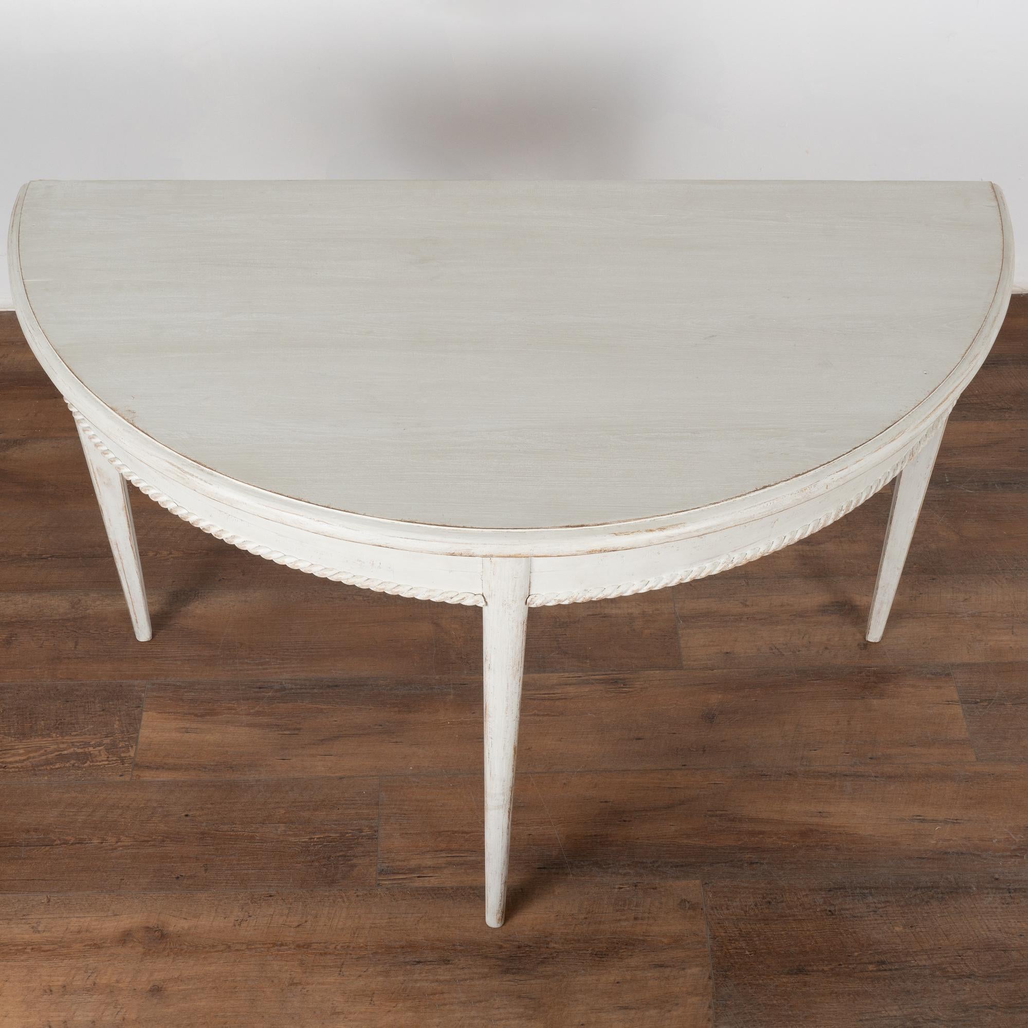 Wood Pair, White Gustavian Demi Lune Side Tables Consoles, circa 1880 For Sale