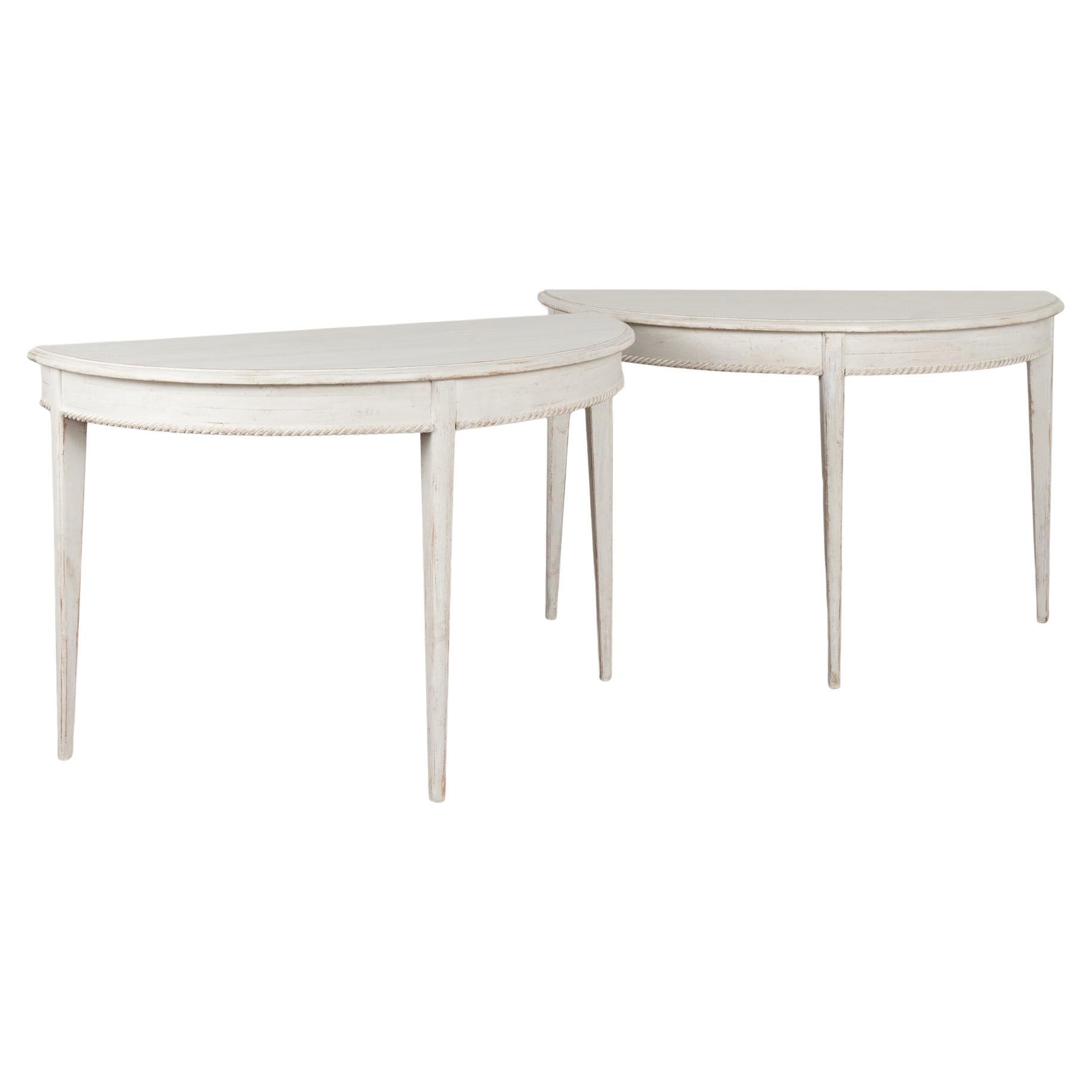 Pair, White Gustavian Demi Lune Side Tables Consoles, circa 1880