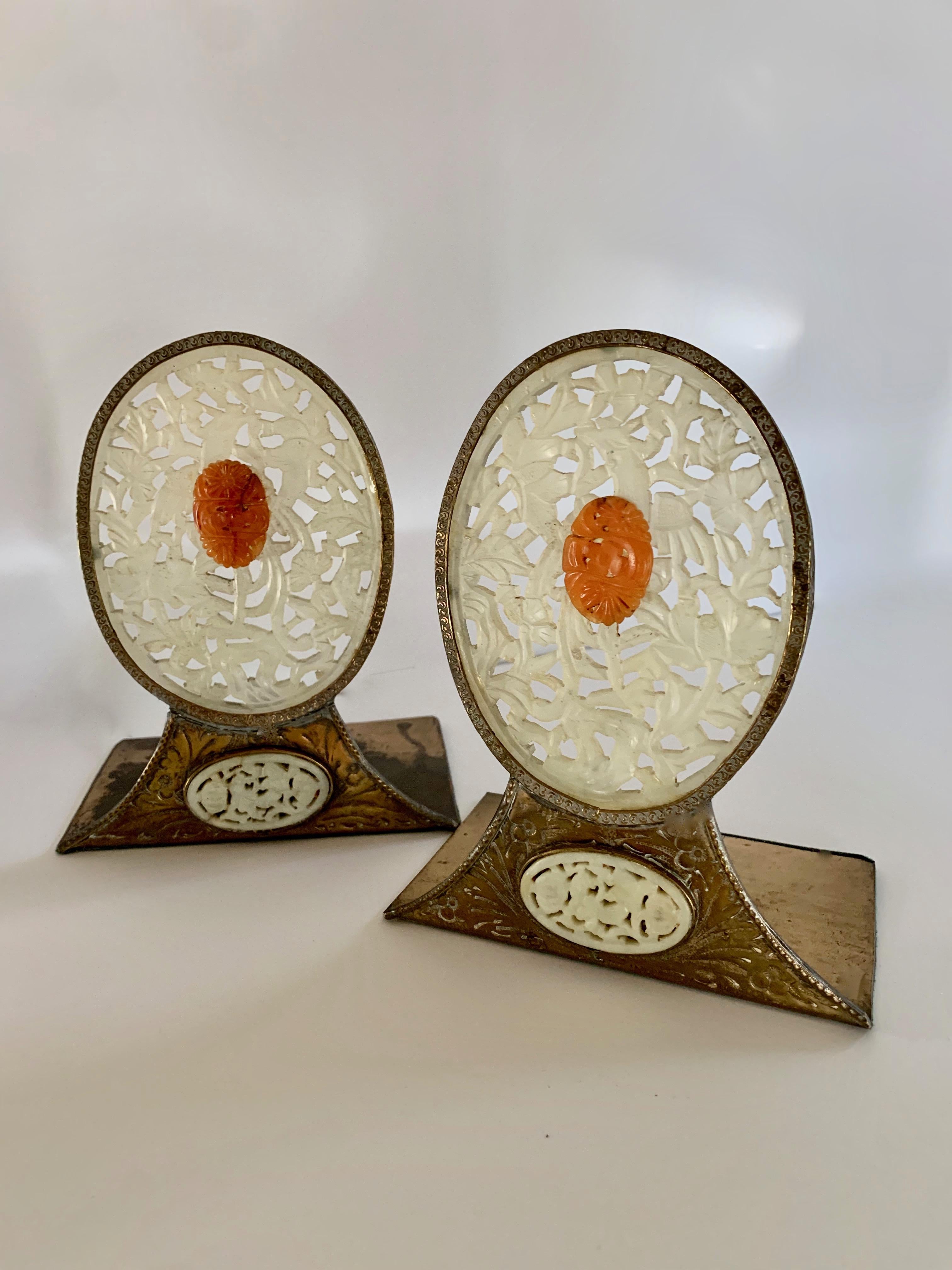 Pair of White Jade and Brass Bookends In Good Condition In Los Angeles, CA