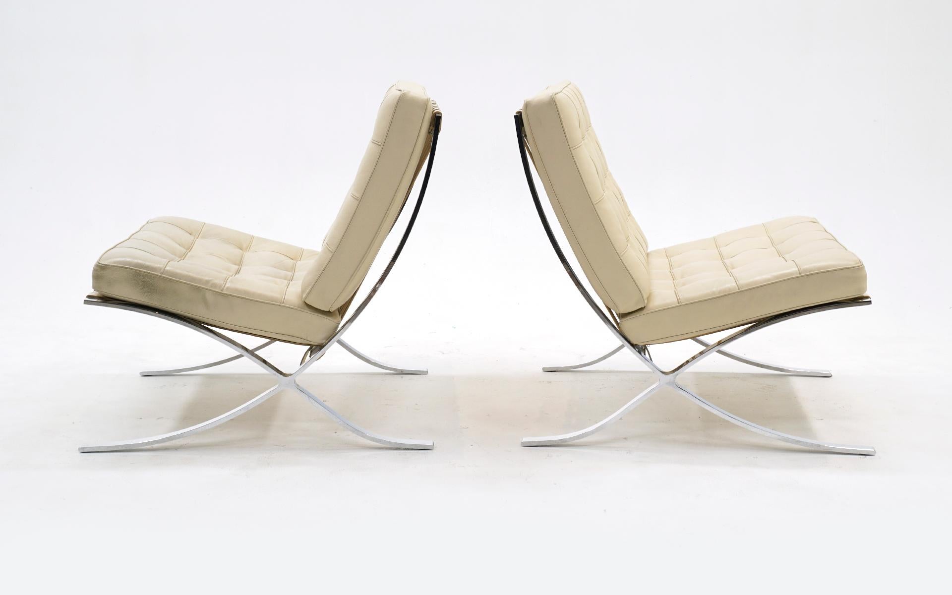 Bauhaus Pair White Leather Barcelona Chairs, Chromed Steel Frames, Authentic, Original