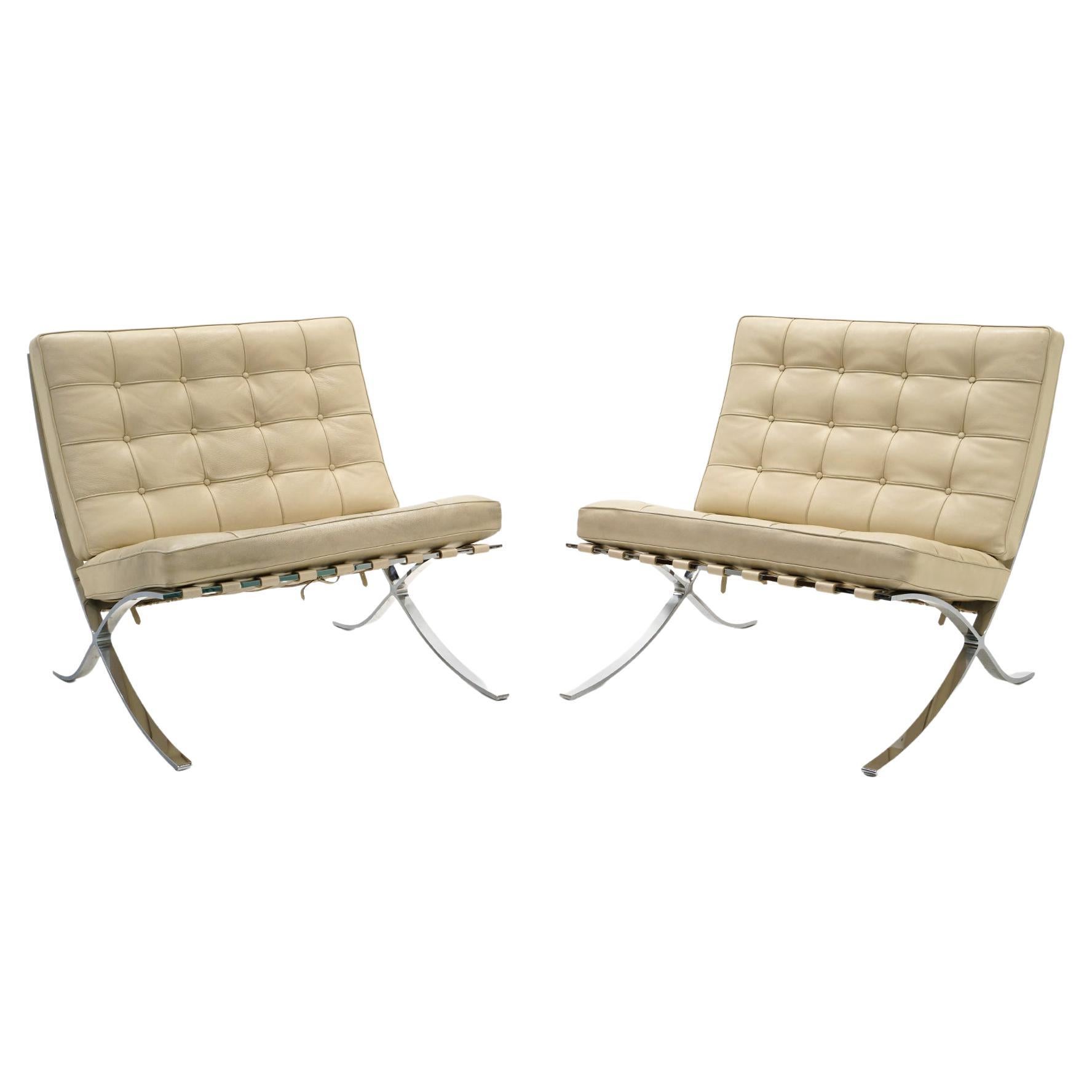 Pair White Leather Barcelona Chairs, Chromed Steel Frames, Authentic, Original