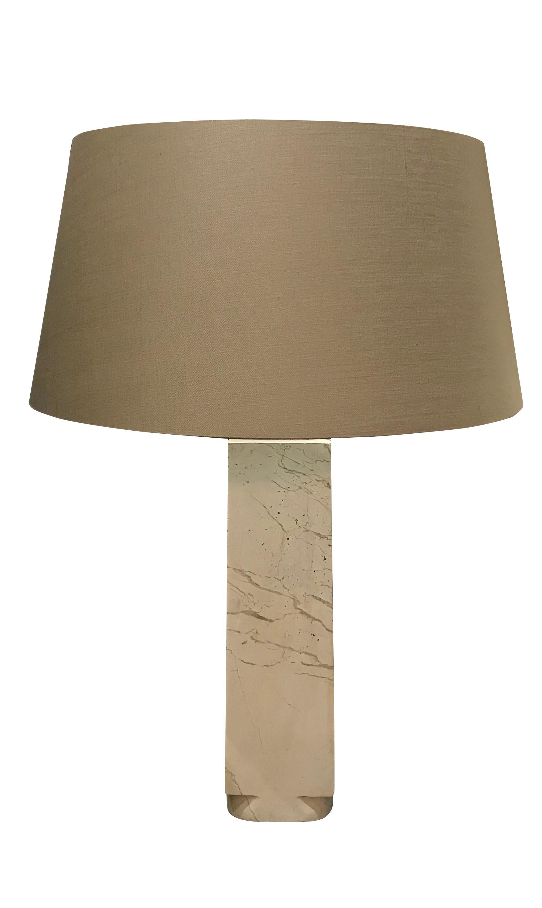 Contemporary pair of tall white marble lamps
Square shaped base
New taupe fine linen shade
Measures: Overall height 27.5