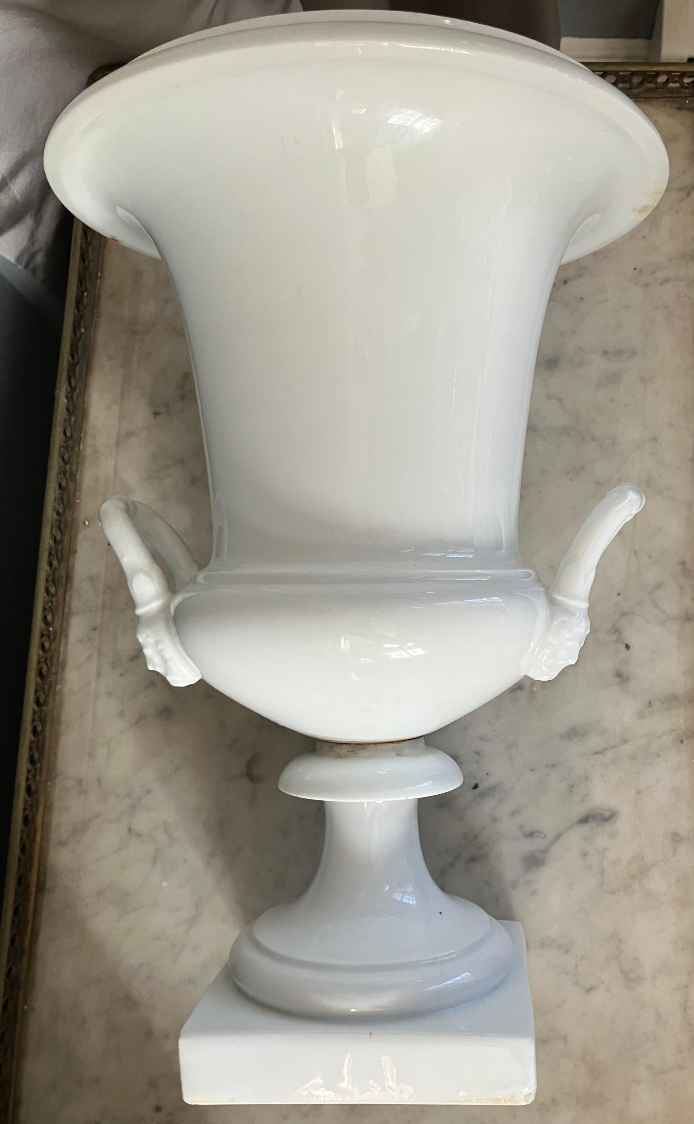 Pair White Neoclassical Campagna Vases For Sale 2