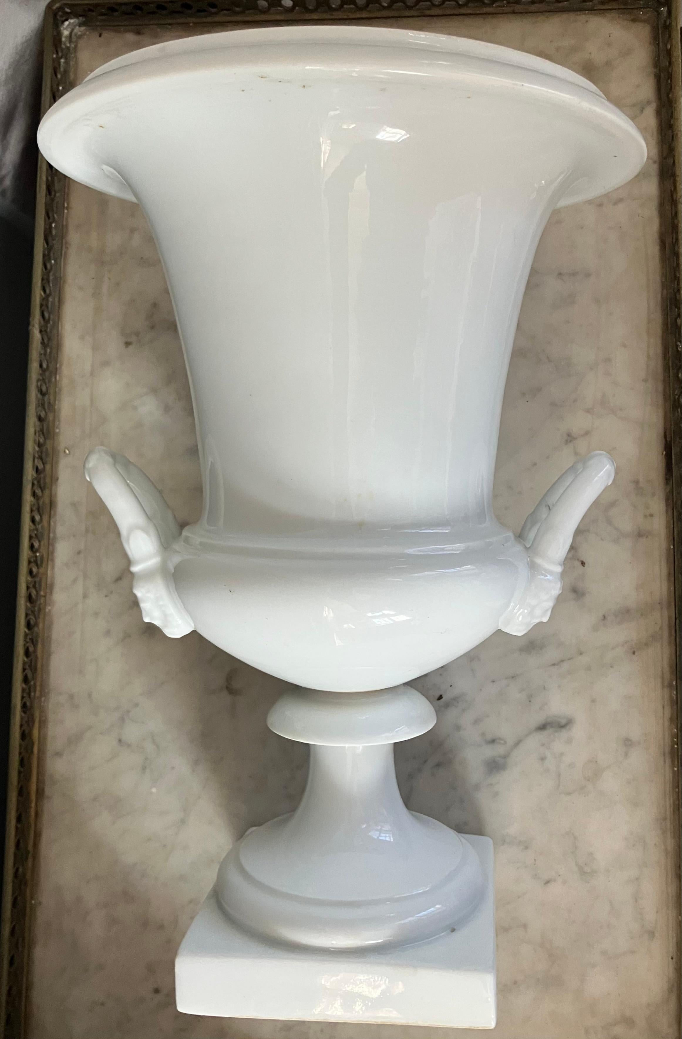 Pair White Neoclassical Campagna Vases For Sale 5