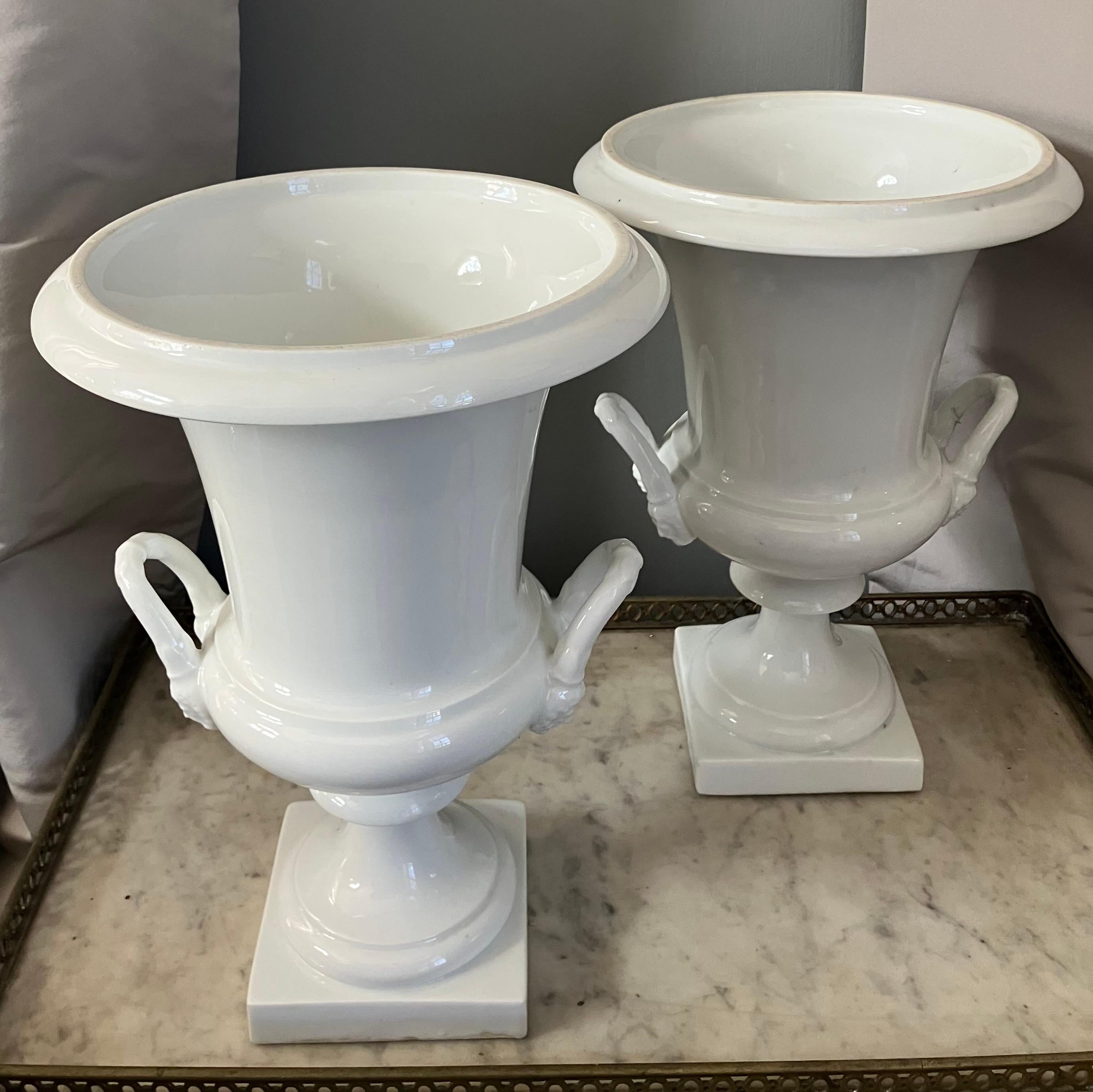 Pair White Neoclassical Campagna Vases For Sale 6