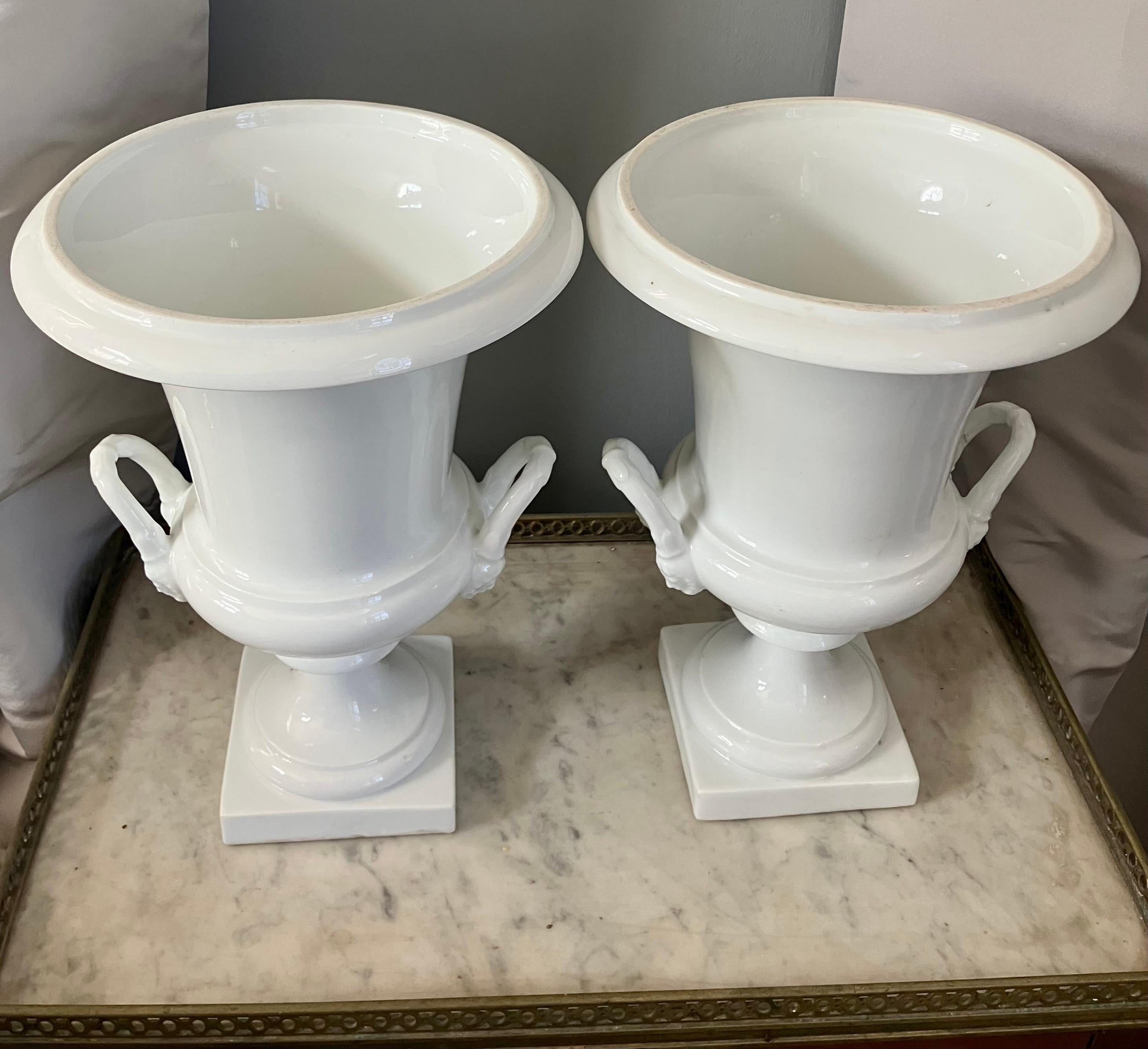 Pair White Neoclassical Campagna Vases For Sale 7