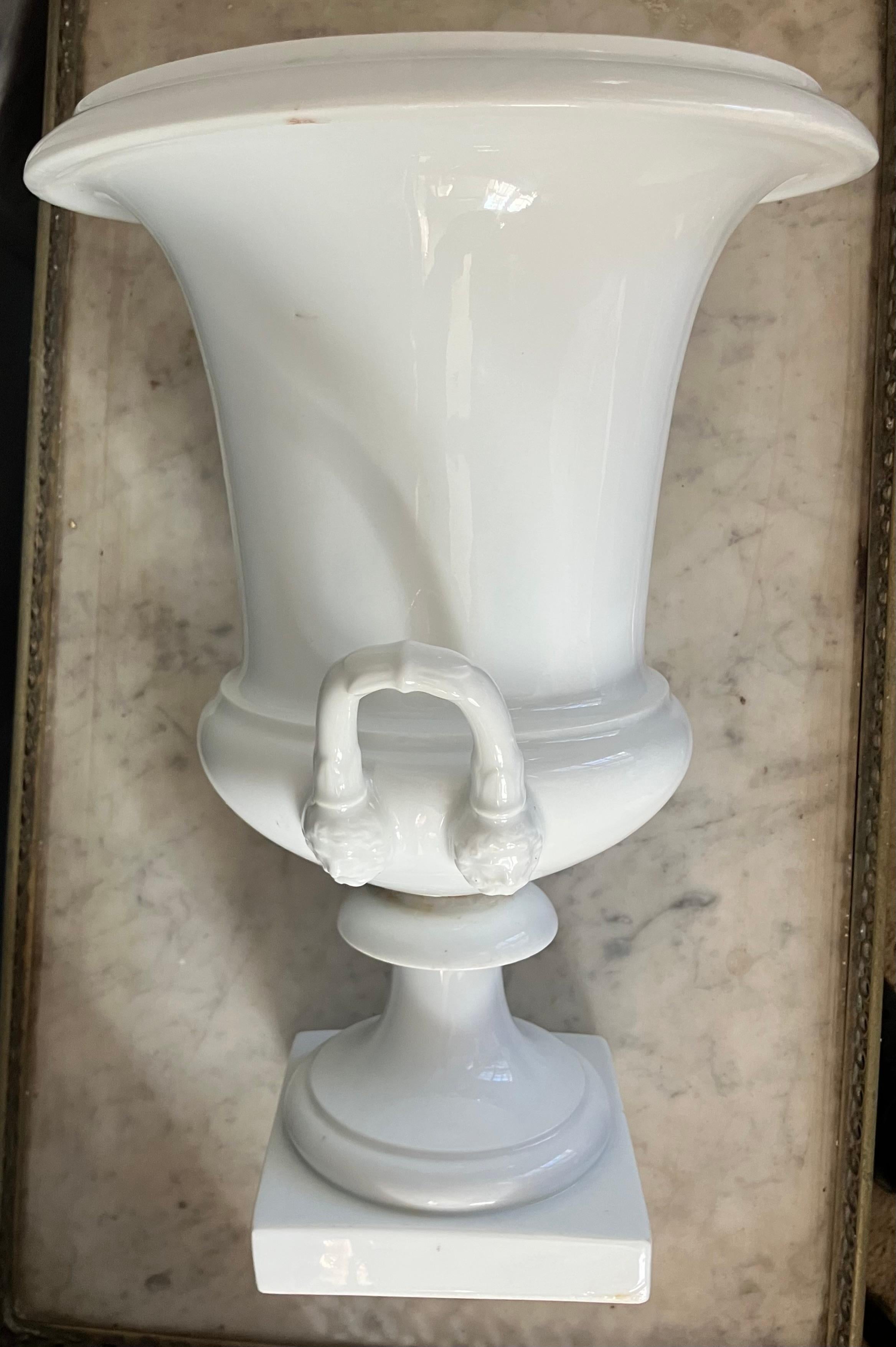 Glazed Pair White Neoclassical Campagna Vases For Sale