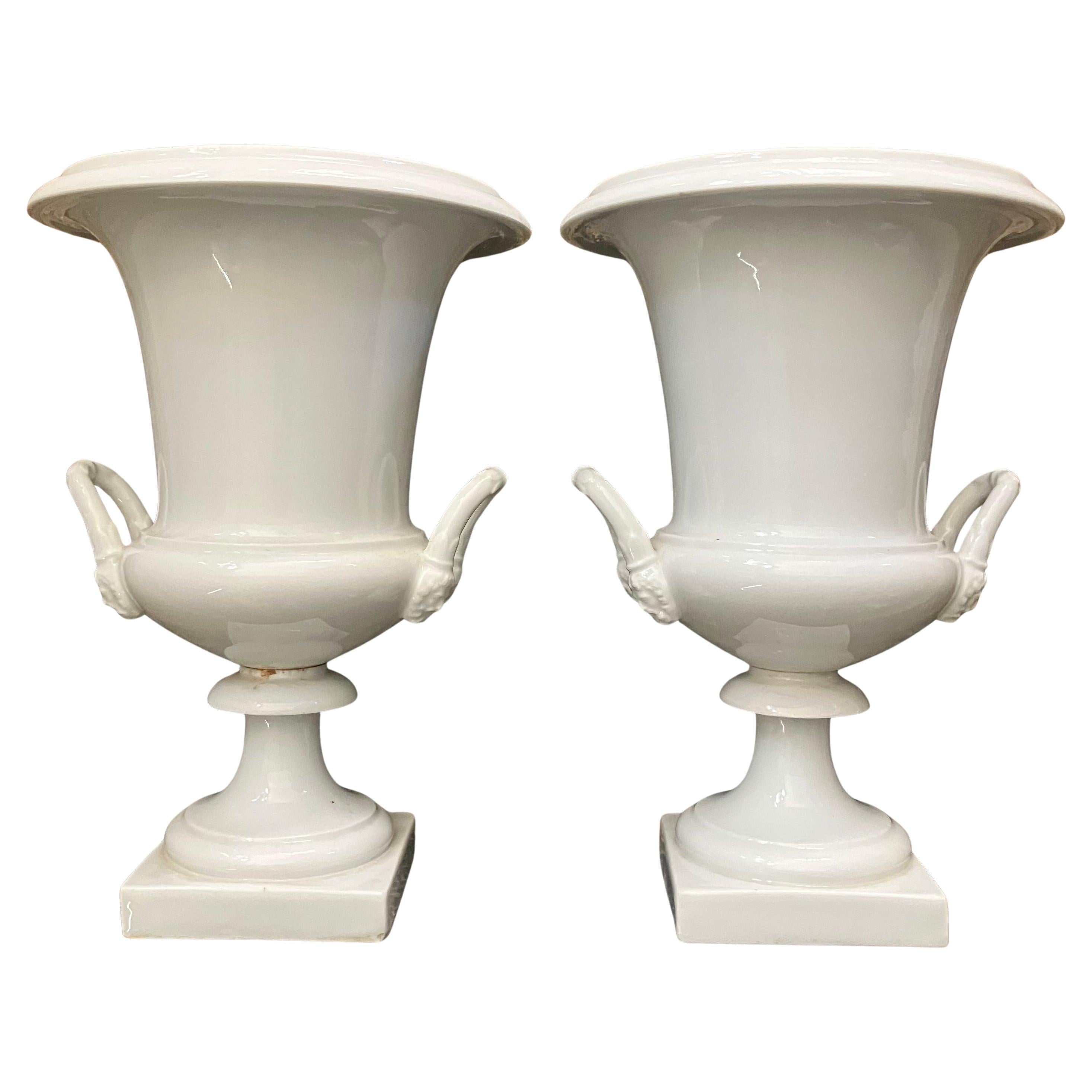 Pair White Neoclassical Campagna Vases For Sale