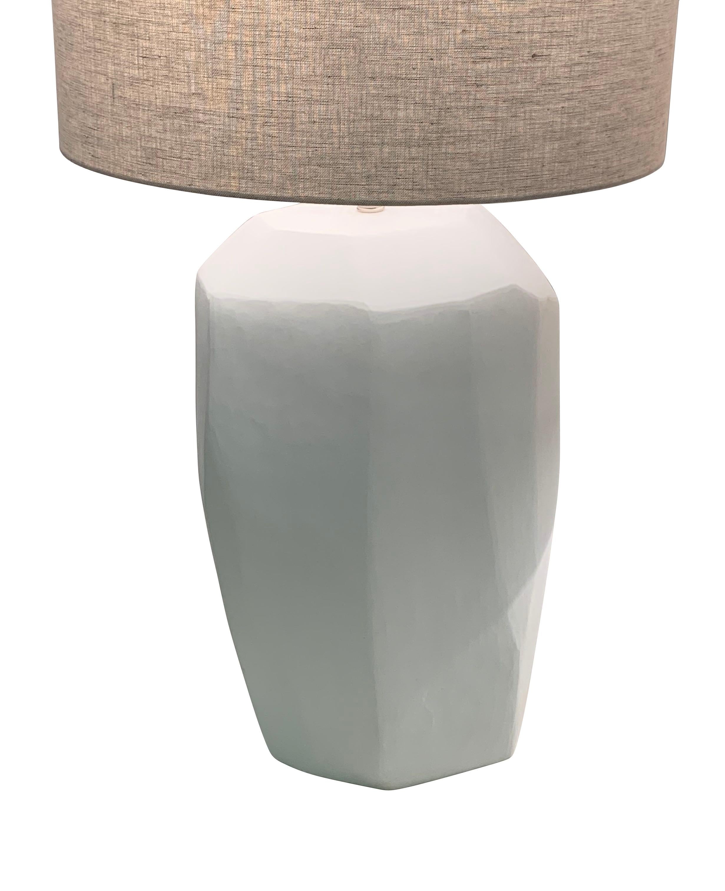 Contemporary Romanian pair of white opaque glass lamps
Tall vertical cubist design
Base measures 9.5