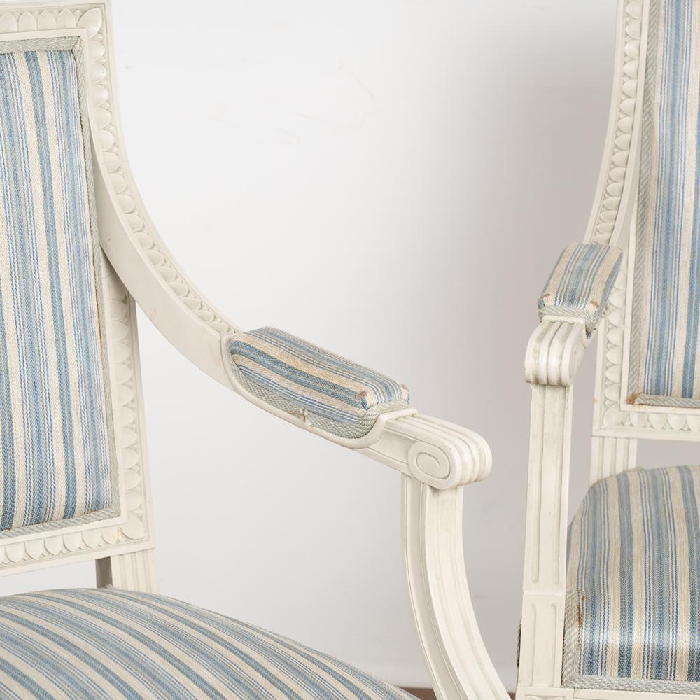 Fabric Pair, White Painted Arm Chairs, Sweden circa 1900s For Sale