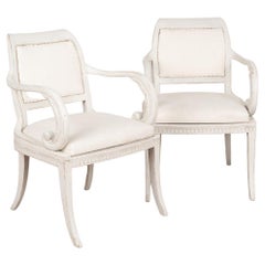 Antique Pair, White Painted Gustavian Arm Chairs, Sweden, circa 1880