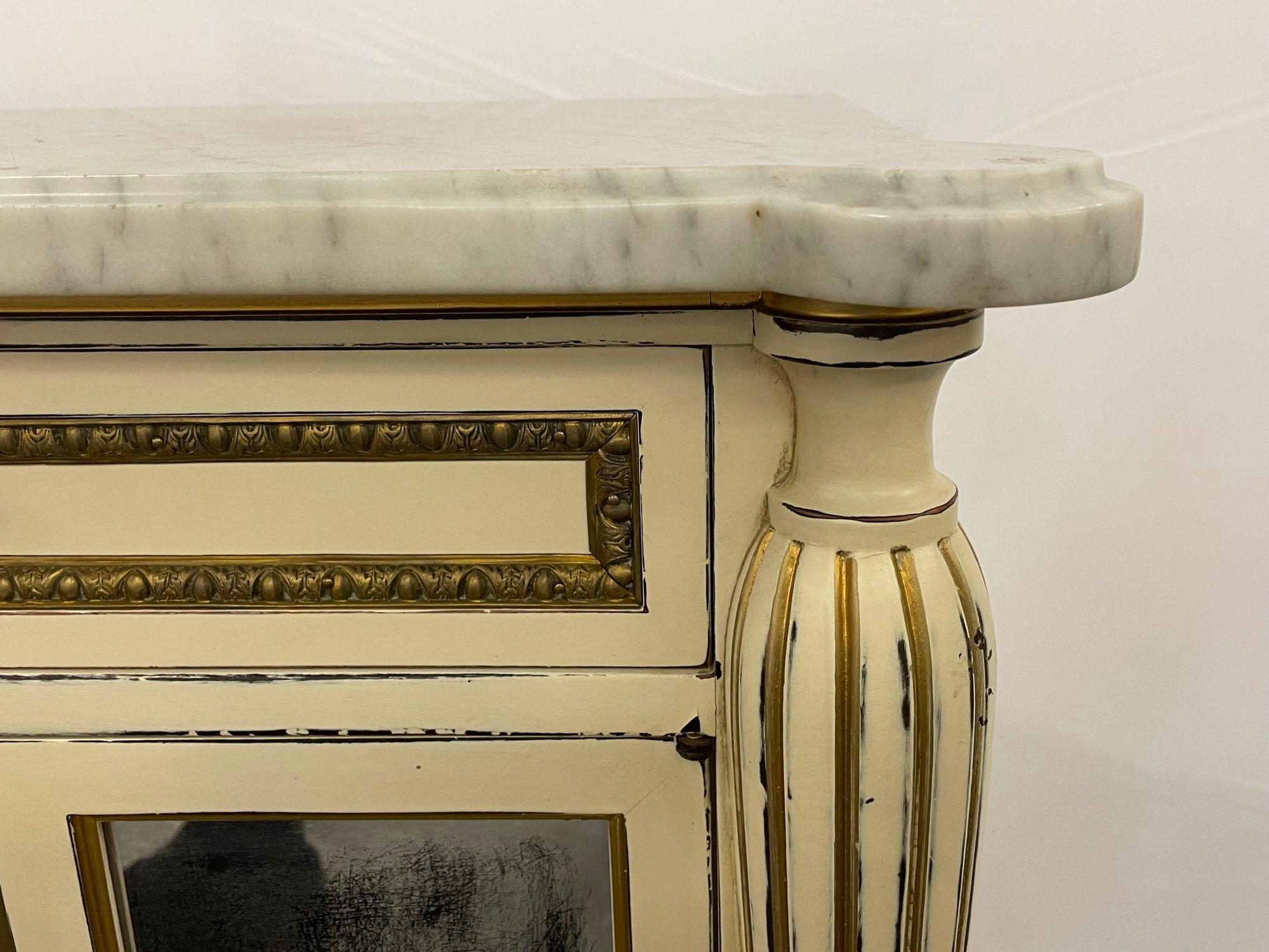 Wood Pair White Painted Marble-Top End Tables Distressed Mirrored Cabinets by Jansen