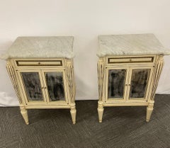Pair White Painted Marble-Top End Tables Distressed Mirrored Cabinets by Jansen
