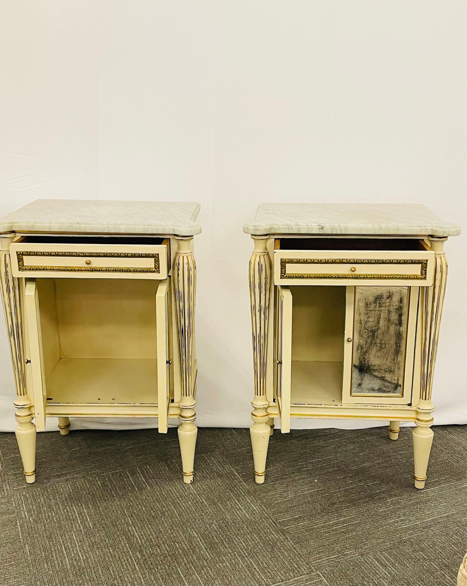 Argentine Pair White Painted Marble-Top End Tables Distressed Mirrored Cabinets by Jansen