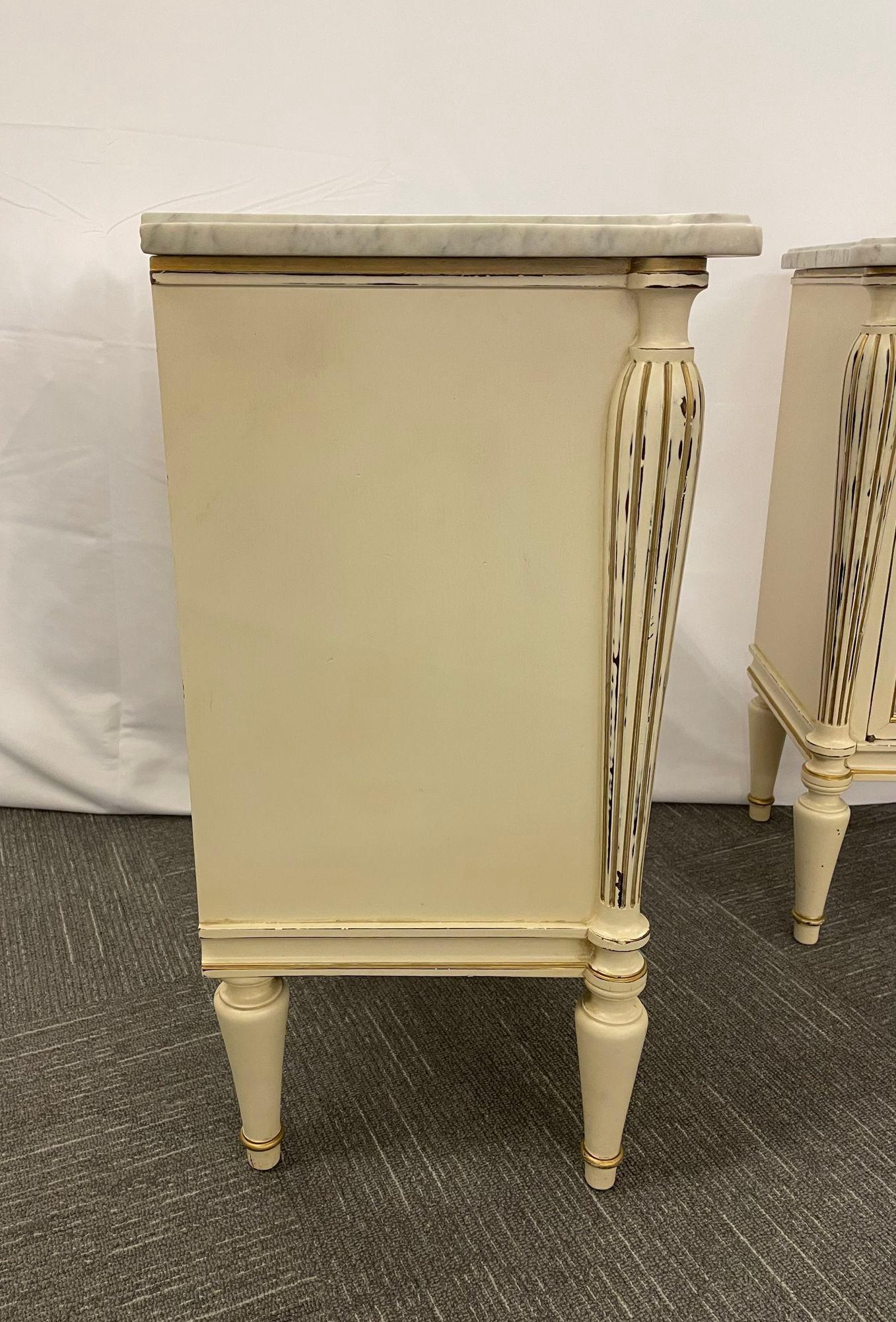 Pair White Painted Marble-Top End Tables Distressed Mirrored Cabinets by Jansen In Good Condition In Stamford, CT