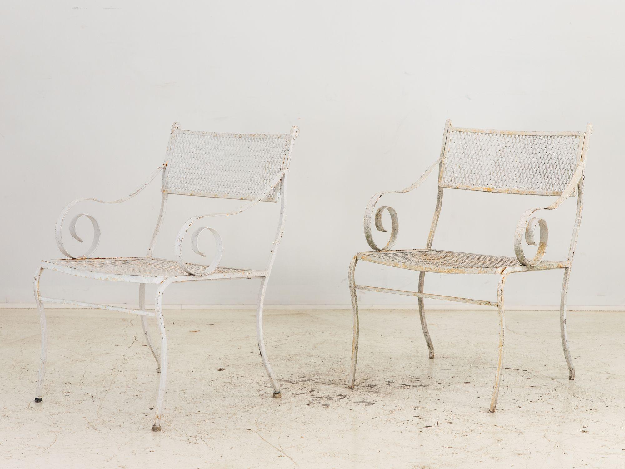 Pair White Painted Metal Garden Chairs, American mid 20th Century In Good Condition For Sale In South Salem, NY
