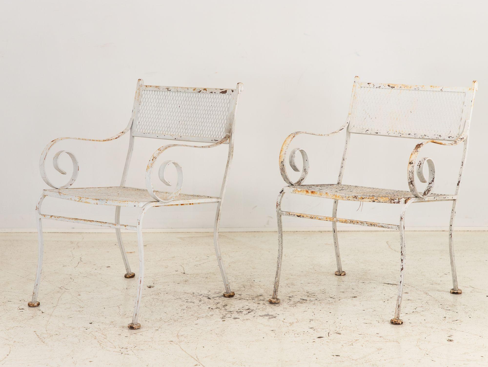 Iron Pair White Painted Metal Garden Chairs, American mid 20th Century For Sale