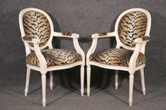 Pair White Painted Oval Back French Louis XVI Armchairs in Tiger Print Fabric