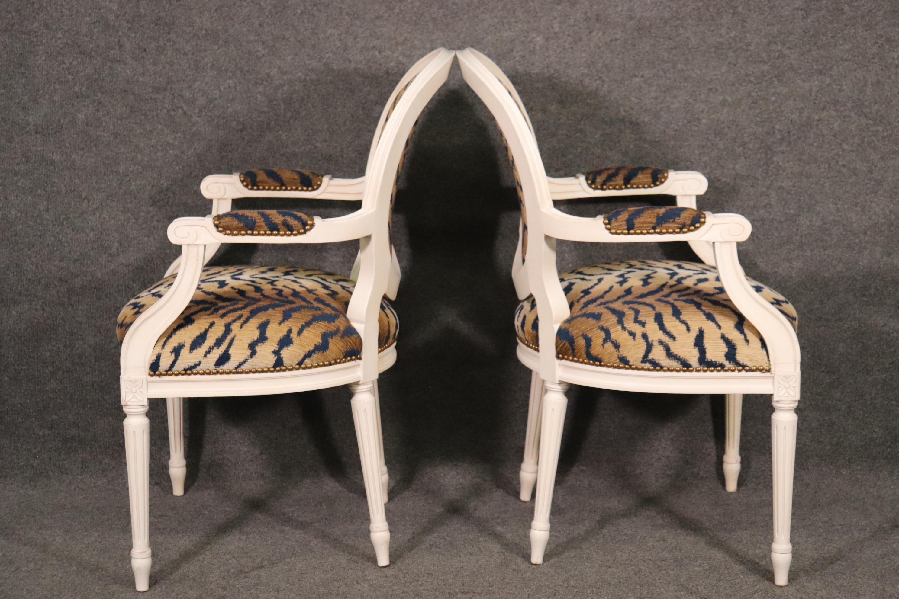 European Pair White Painted Oval Back French Louis XVI Armchairs in Tiger Print Fabric For Sale