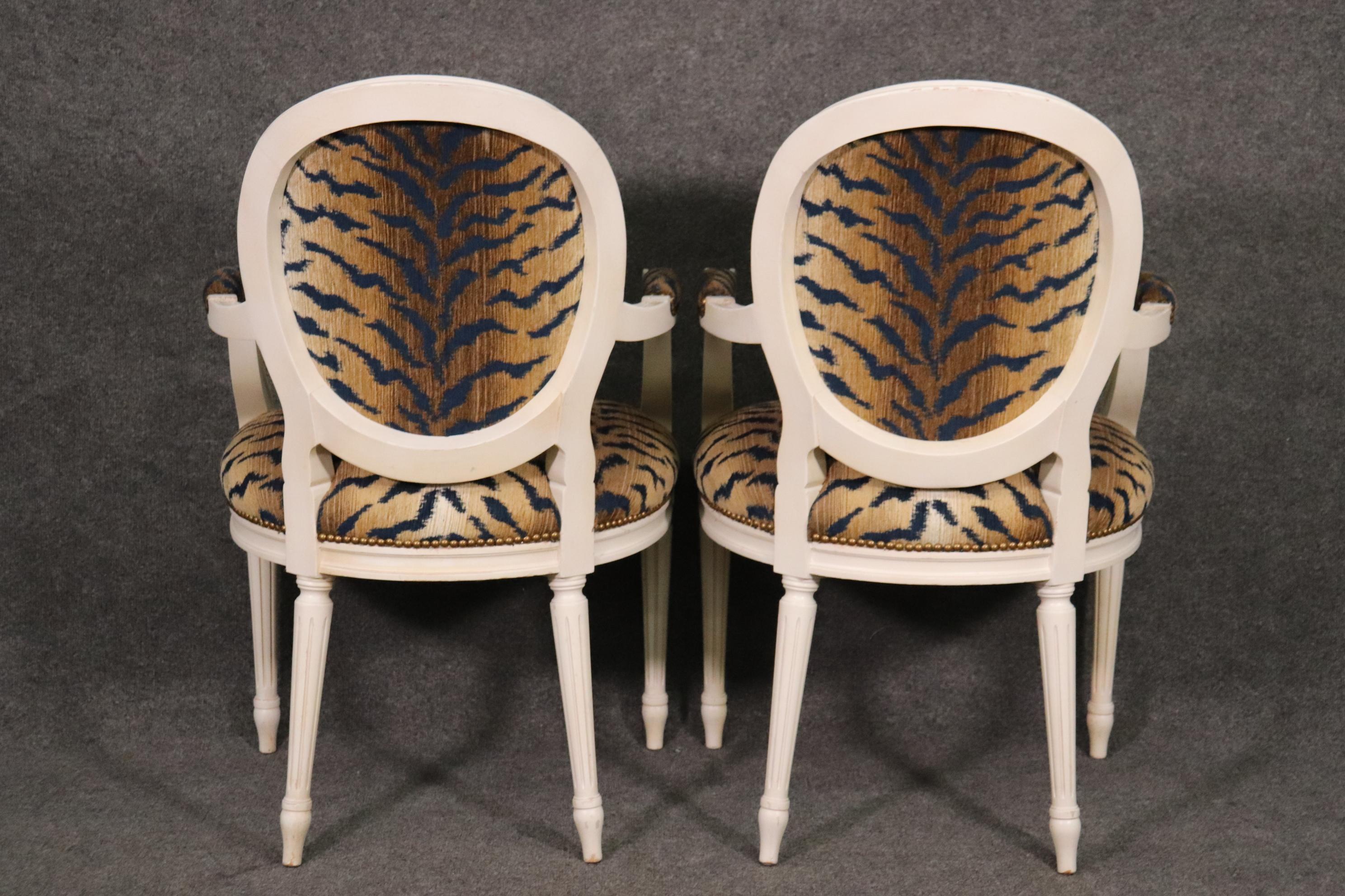 Pair White Painted Oval Back French Louis XVI Armchairs in Tiger Print Fabric In Good Condition For Sale In Swedesboro, NJ