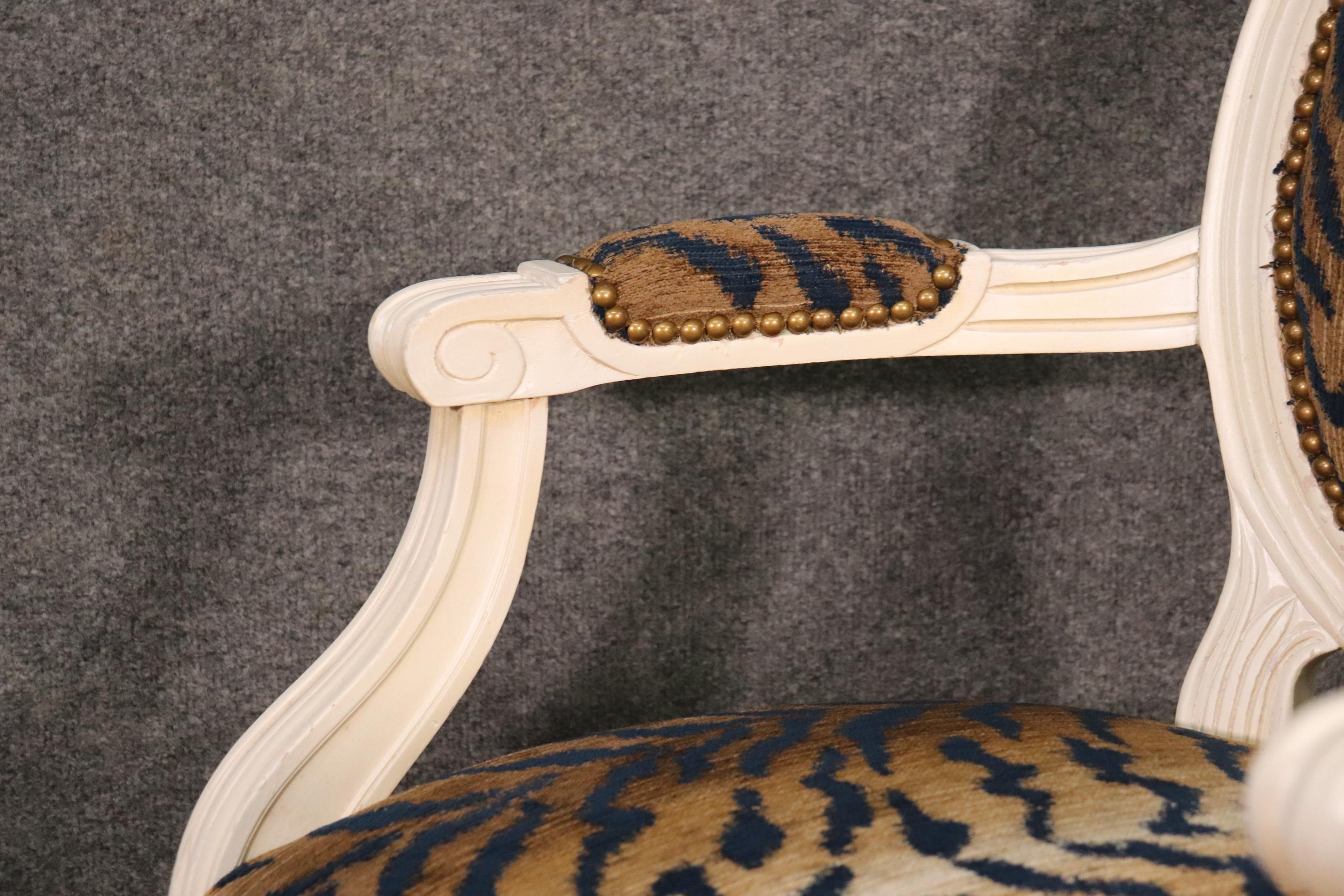 Walnut Pair White Painted Oval Back French Louis XVI Armchairs in Tiger Print Fabric For Sale