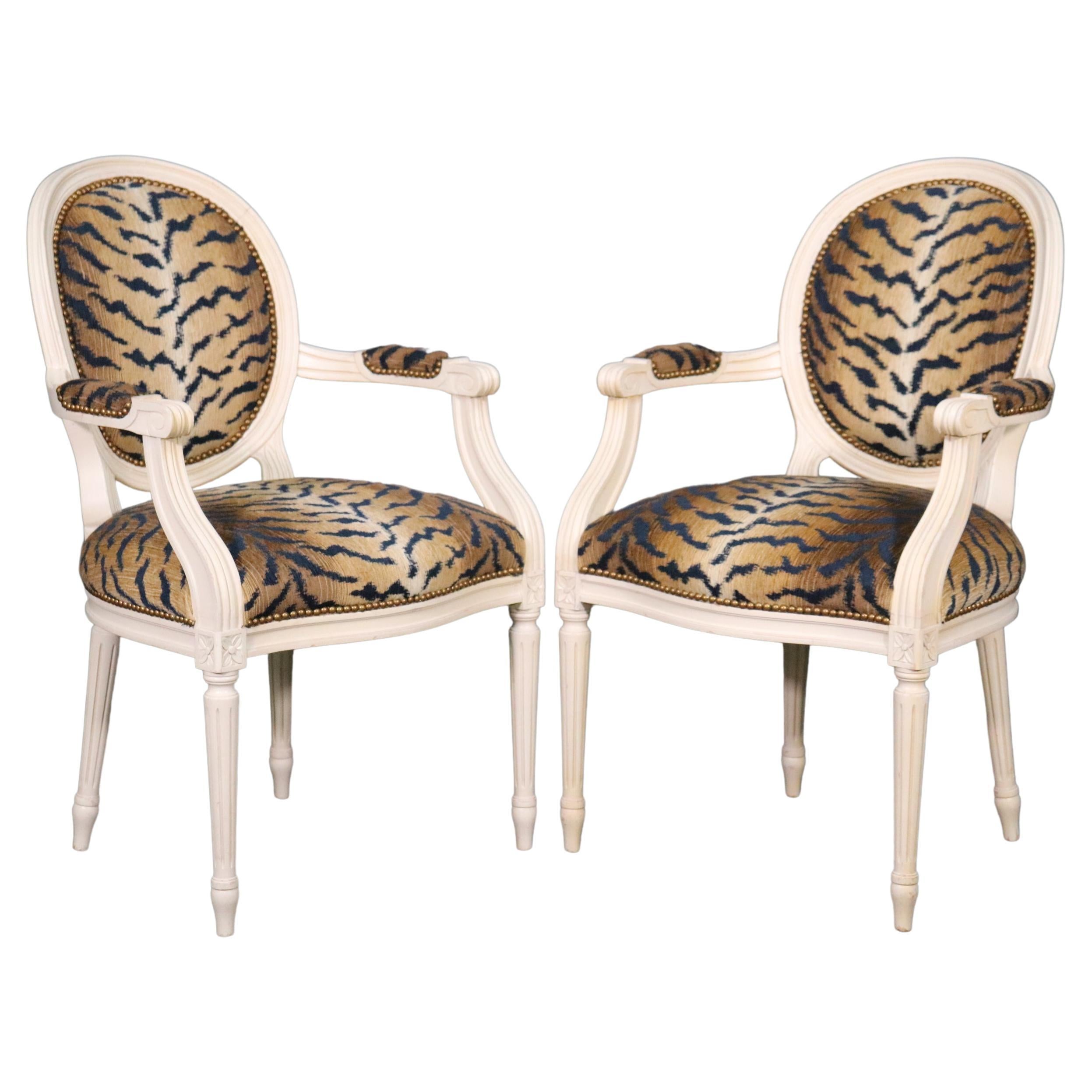 Pair White Painted Oval Back French Louis XVI Armchairs in Tiger Print Fabric For Sale