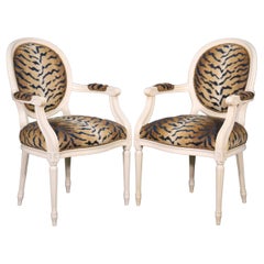 Pair White Painted Oval Back French Louis XVI Armchairs in Tiger Print Fabric