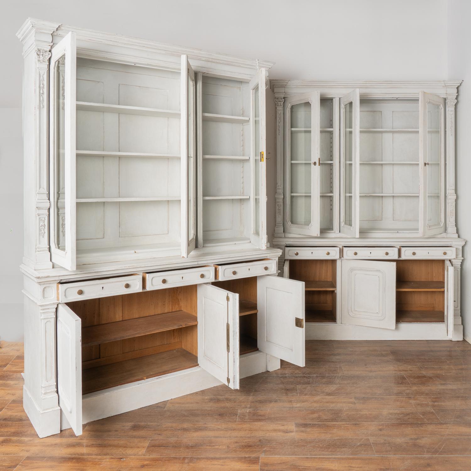 Gustavian Pair, White Painted Pine Bookcases Display Cabinets, Hungary circa 1890