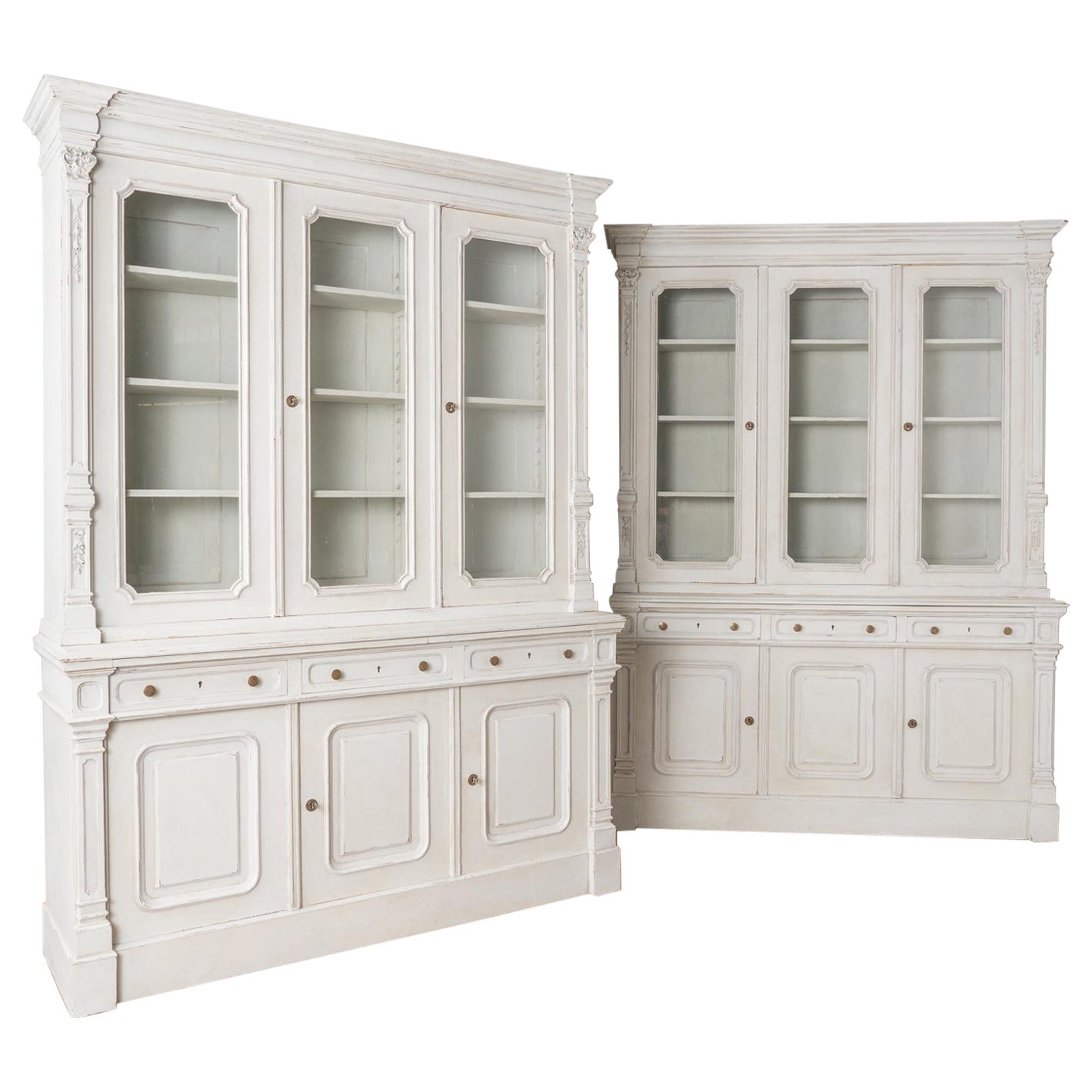 Pair, White Painted Pine Bookcases Display Cabinets, Hungary circa 1890